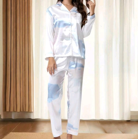 Ladies Lapel Cardigan Chinese Silk-Like Tie-Dyed Long-Sleeved Trousers Two-Piece - Picture 1 of 5